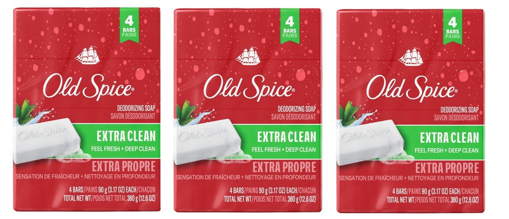 Old Spice Bar Soap 3.17oz Extra Clean 4 Count each pack *Three Pack*